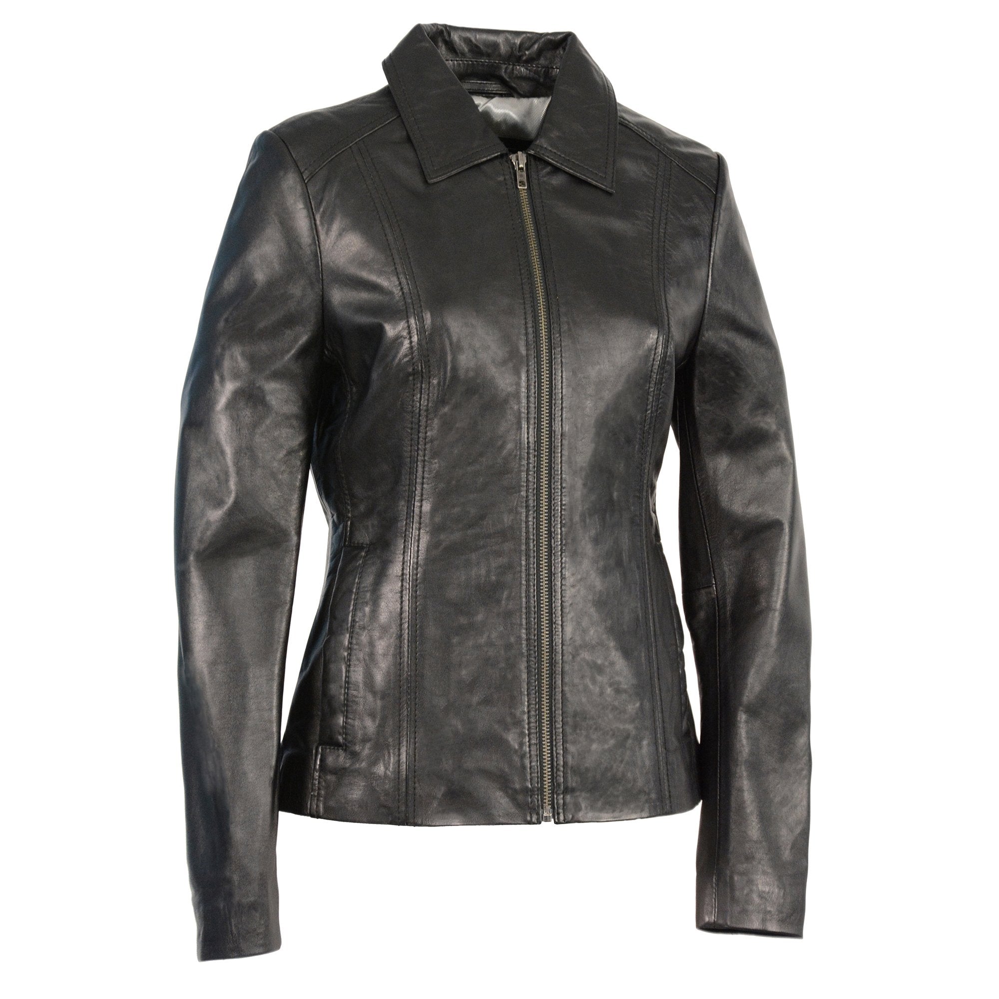 SFL2850 Women's Classic Black Zippered Motorcycle Style Fashion Leather Jacket with Shirt Style Collar