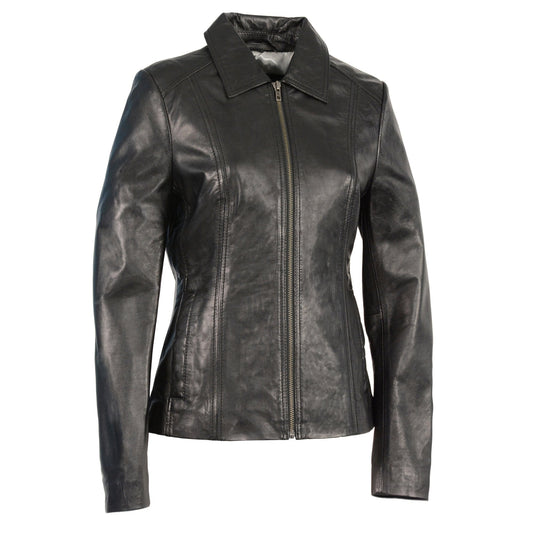 SFL2850 Women's Classic Black Zippered Motorcycle Style Fashion Leather Jacket with Shirt Style Collar
