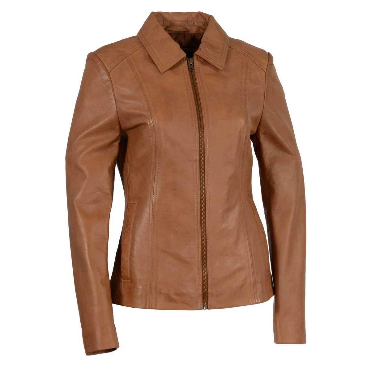 SFL2850 Women's Classic Saddle Zippered Motorcycle Style Fashion Leather Jacket with Shirt Style Collar