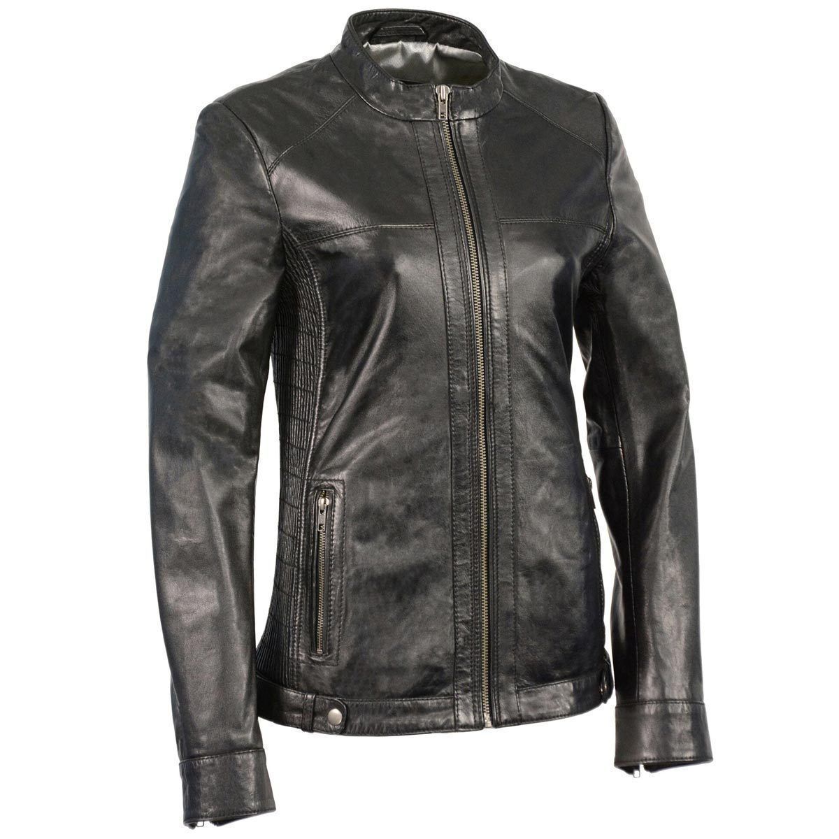 SFL2855 Women's Black  Zip Front Fashion Leather Jacket with Side Stretch Fitting