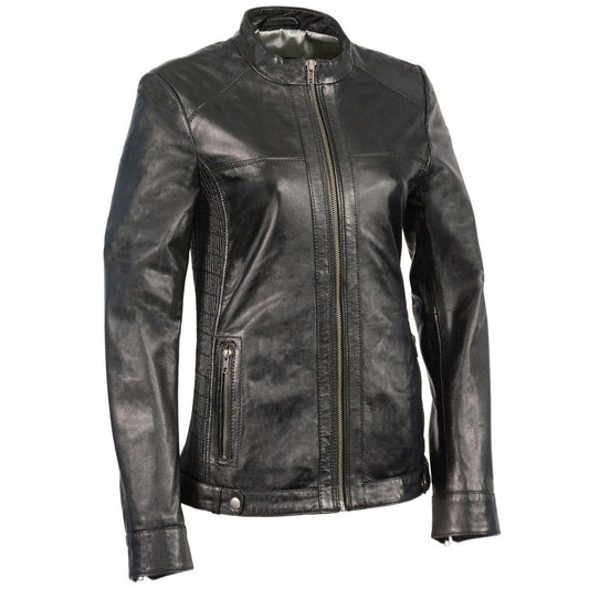 SFL2855 Women's Black  Zip Front Fashion Leather Jacket with Side Stretch Fitting