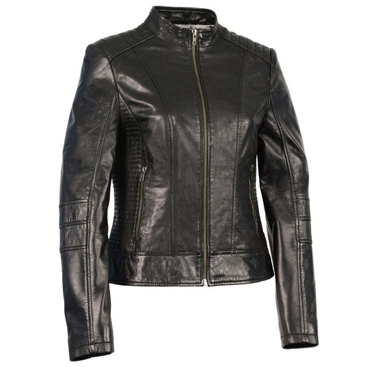 Women's Zip Front Stand Up Collar Black Leather Jacket SFL2860