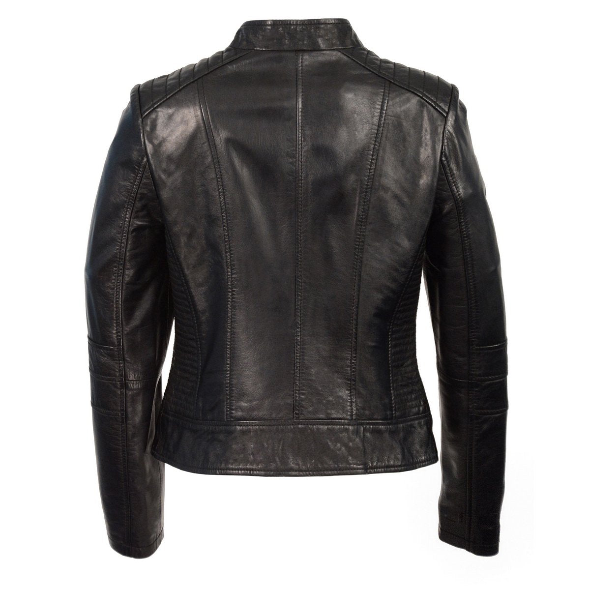 Women's Zip Front Stand Up Collar Black Leather Jacket SFL2860