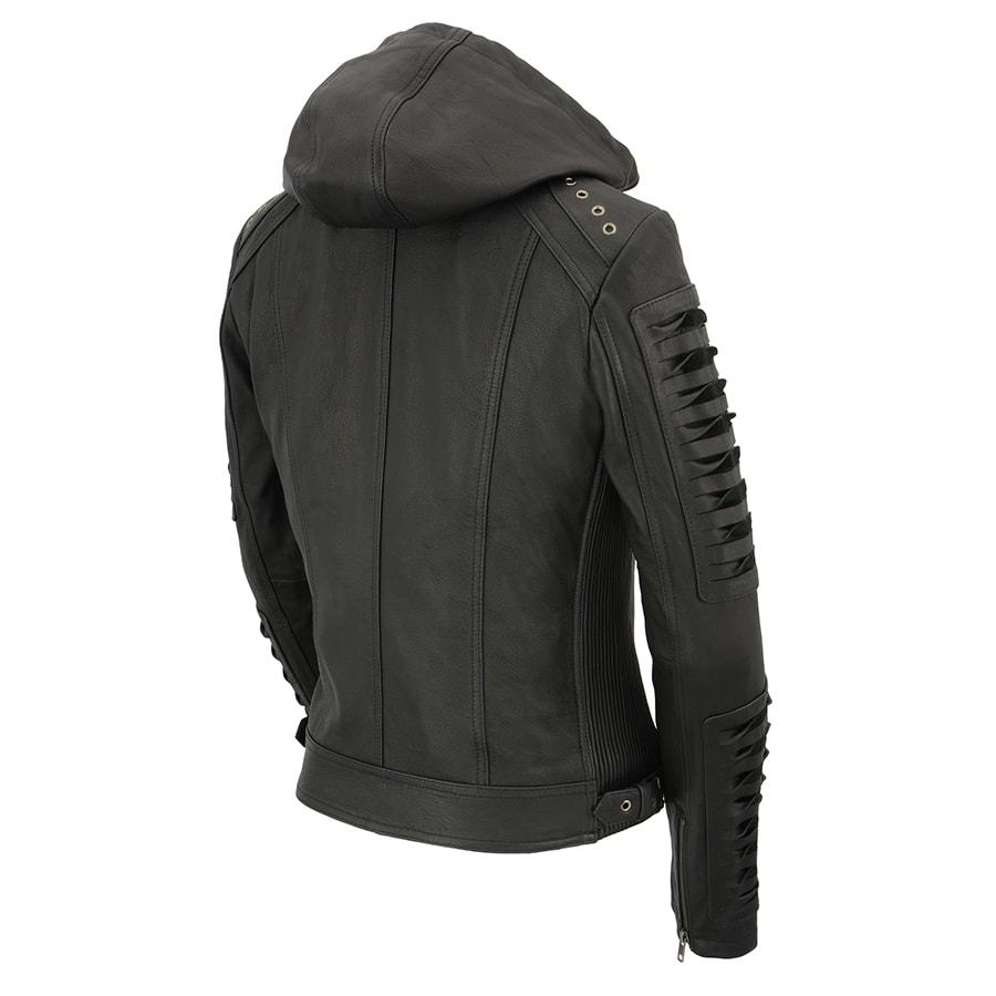 SFL2865 Women's Black Scuba Style Fashion Casual Leather Jacket with Hoodie