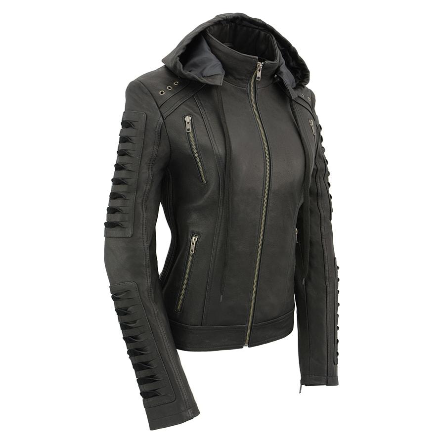 SFL2865 Women's Black Scuba Style Fashion Casual Leather Jacket with Hoodie