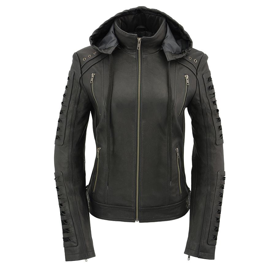 SFL2865 Women's Black Scuba Style Fashion Casual Leather Jacket with Hoodie