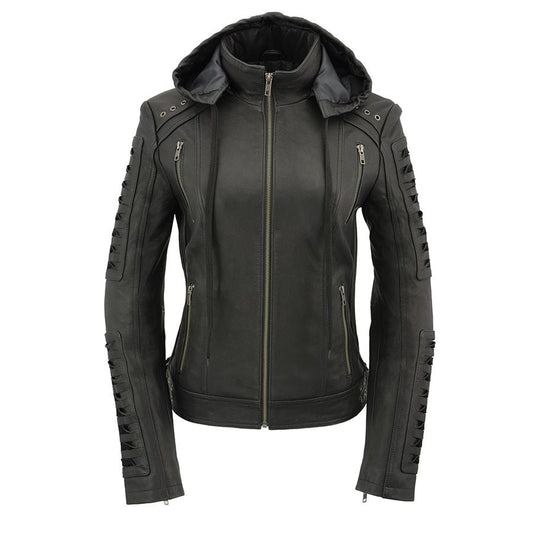 SFL2865 Women's Black Scuba Style Fashion Casual Leather Jacket with Hoodie