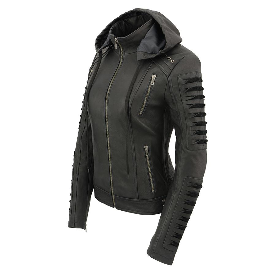SFL2865 Women's Black Scuba Style Fashion Casual Leather Jacket with Hoodie