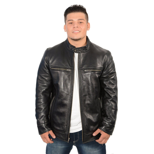 Men's Cafe Racer Black Premium Lambskin Motorcycle Fashion Leather Jacket SFM1800