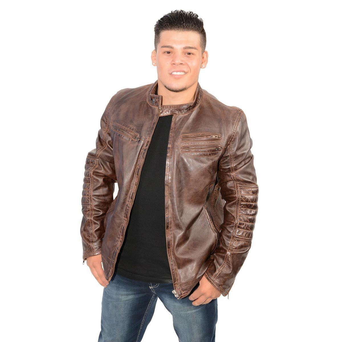 SFM1805 Men's Brown Side Stitch Cafe Racer Lambskin Leather Jacket
