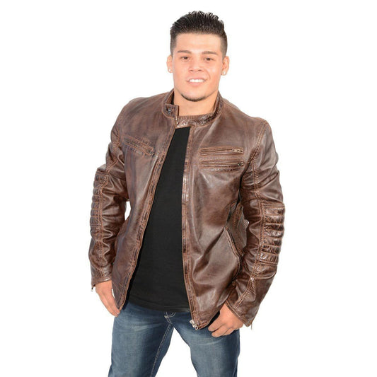 SFM1805 Men's Brown Side Stitch Cafe Racer Lambskin Leather Jacket