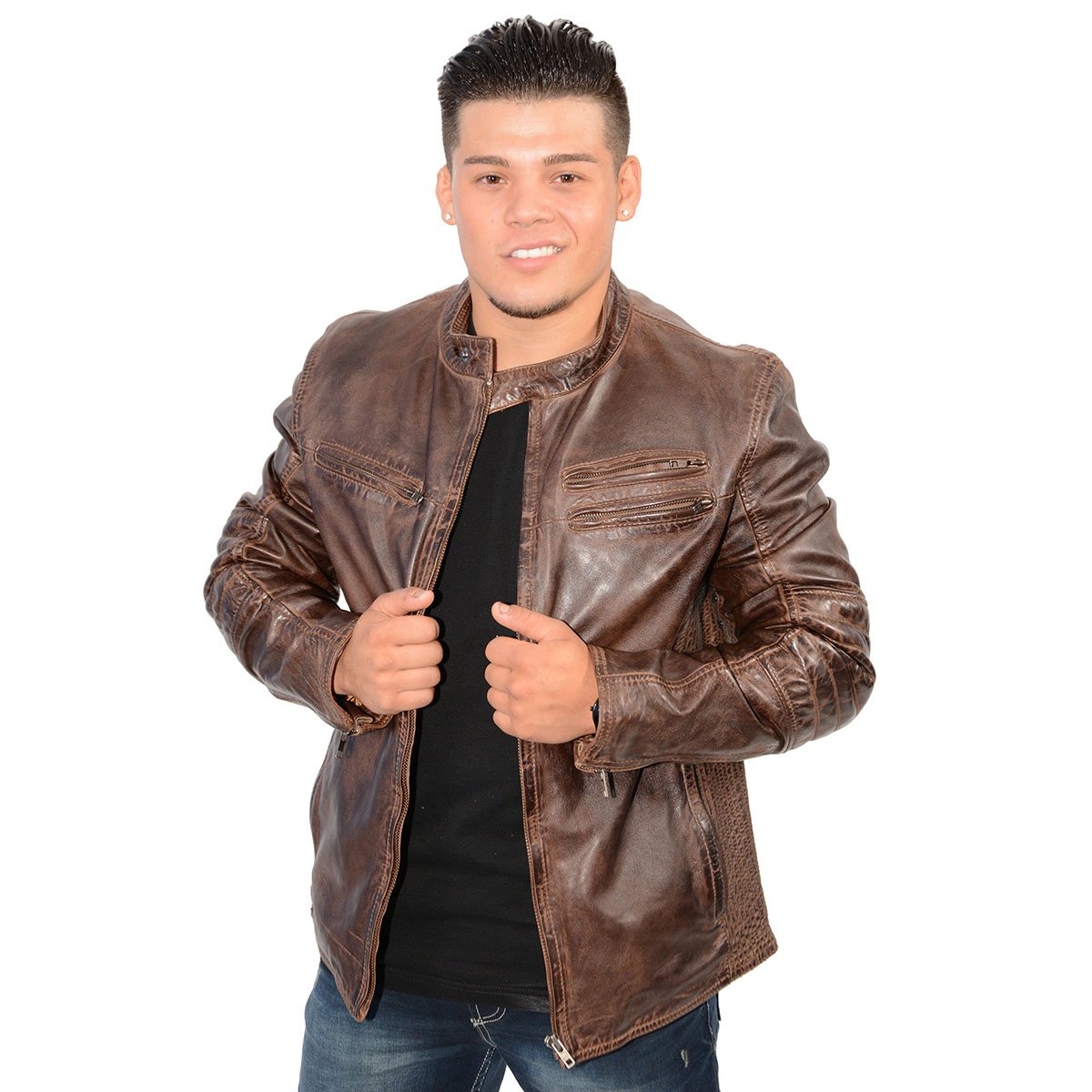 SFM1805 Men's Brown Side Stitch Cafe Racer Lambskin Leather Jacket