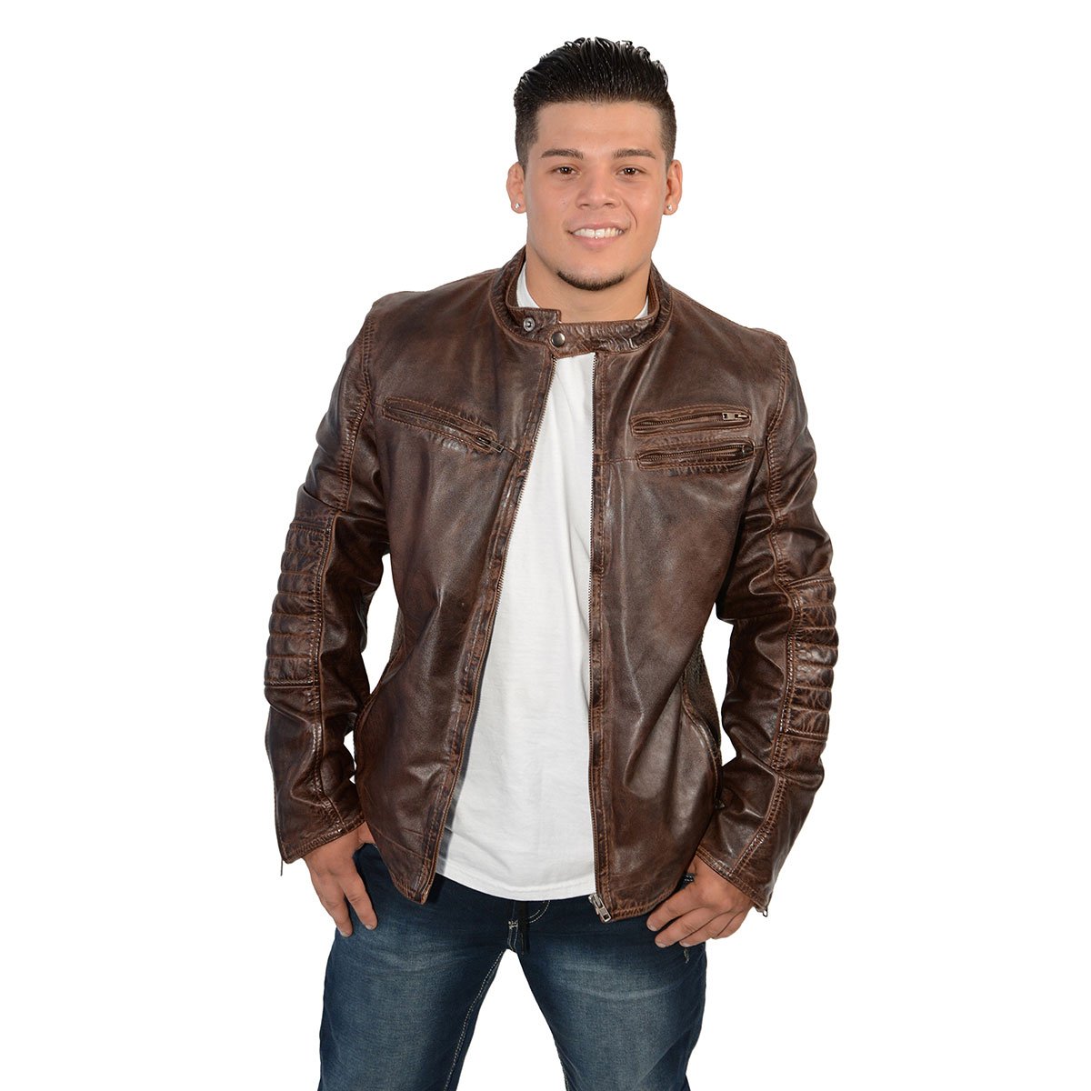 SFM1805 Men's Brown Side Stitch Cafe Racer Lambskin Leather Jacket
