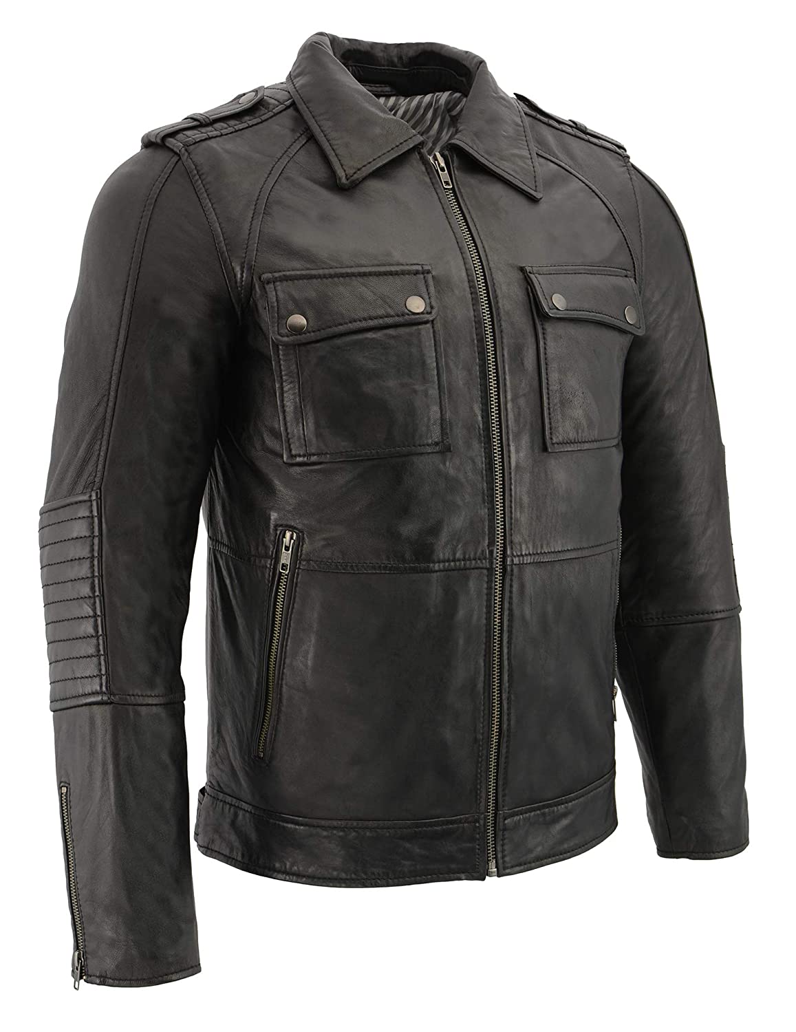 SFM1810 Men's Black Lamsbkin Patch Pocket Leather Jacket