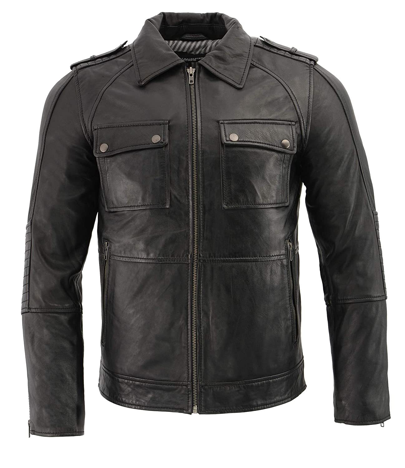 SFM1810 Men's Black Lamsbkin Patch Pocket Leather Jacket