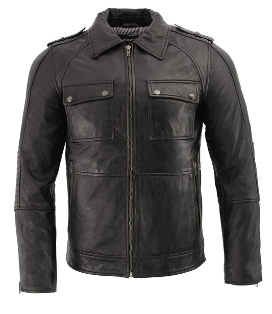SFM1810 Men's Black Lamsbkin Patch Pocket Leather Jacket