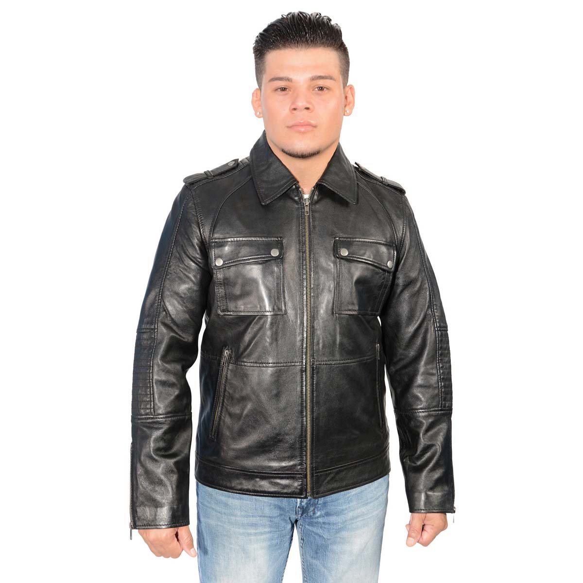 SFM1810 Men's Black Lamsbkin Patch Pocket Leather Jacket