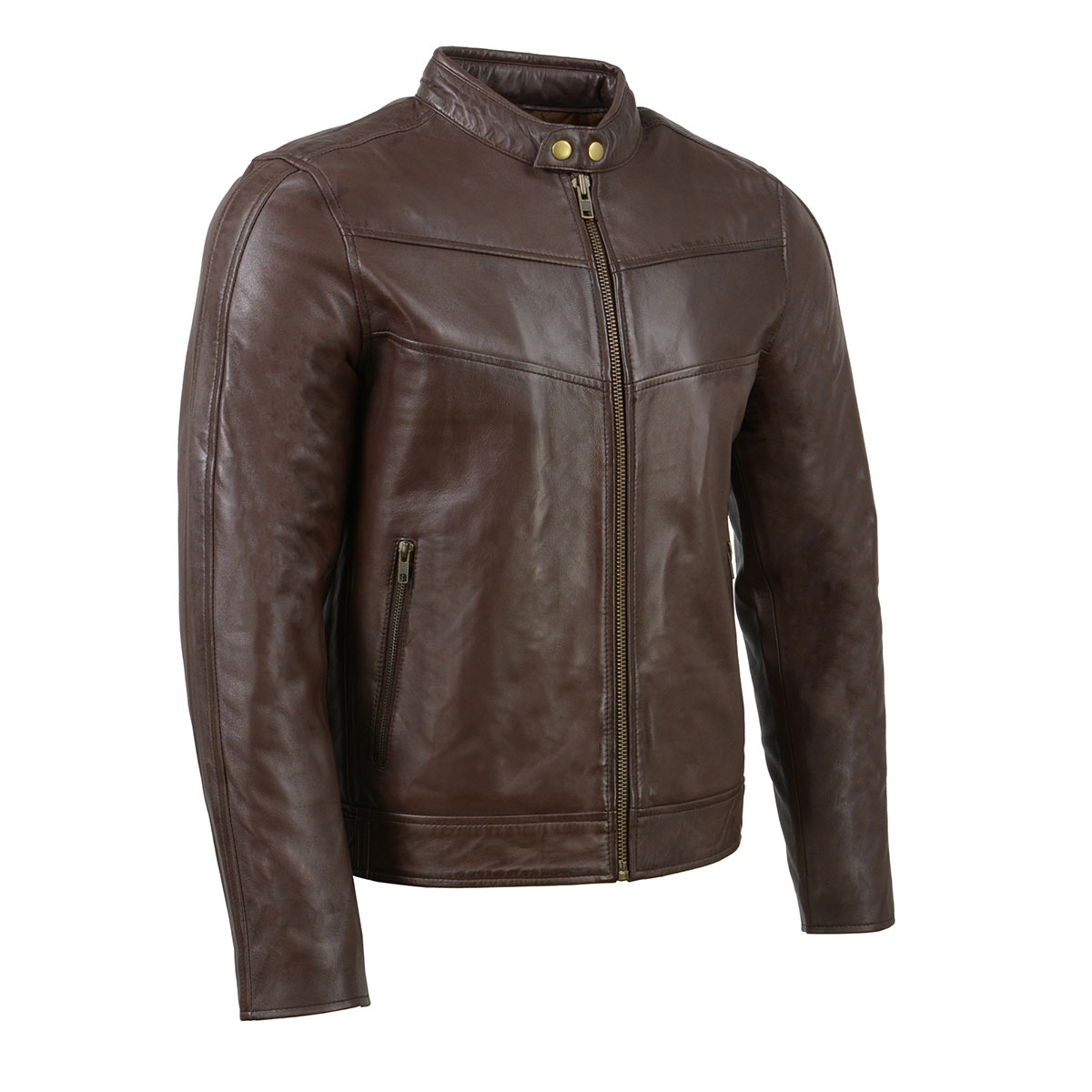 SFM1835 Men's Brown ‘Cafe Racer’ Leather Jacket with Snap Button Collar