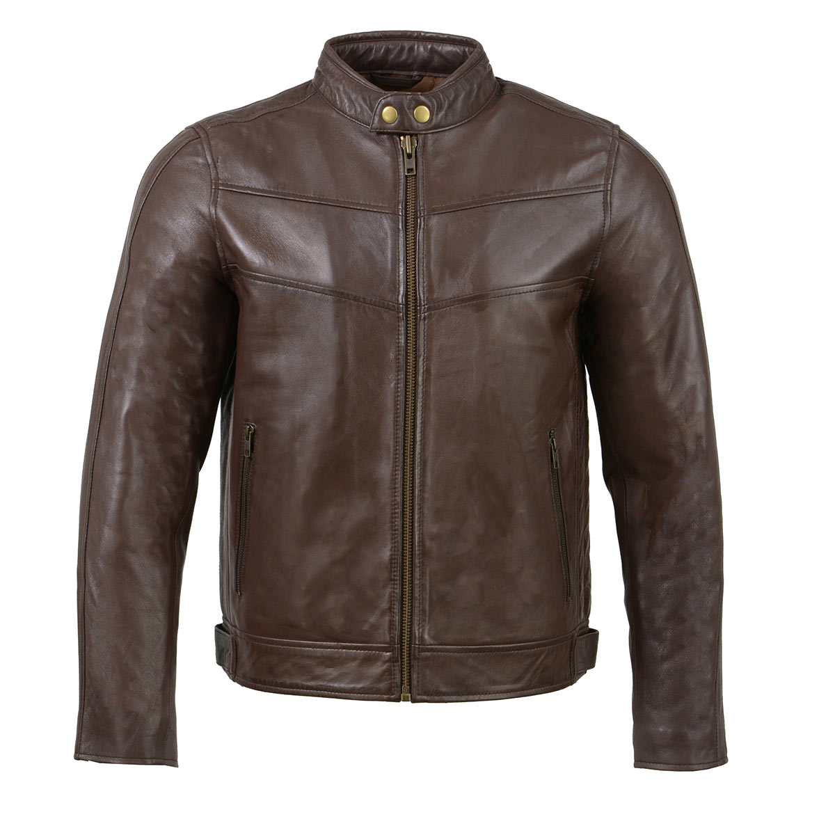 SFM1835 Men's Brown ‘Cafe Racer’ Leather Jacket with Snap Button Collar