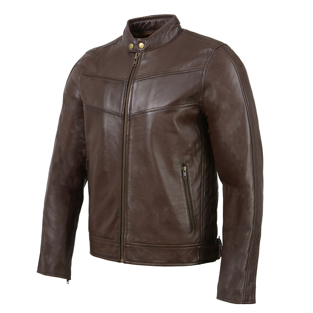 SFM1835 Men's Brown ‘Cafe Racer’ Leather Jacket with Snap Button Collar
