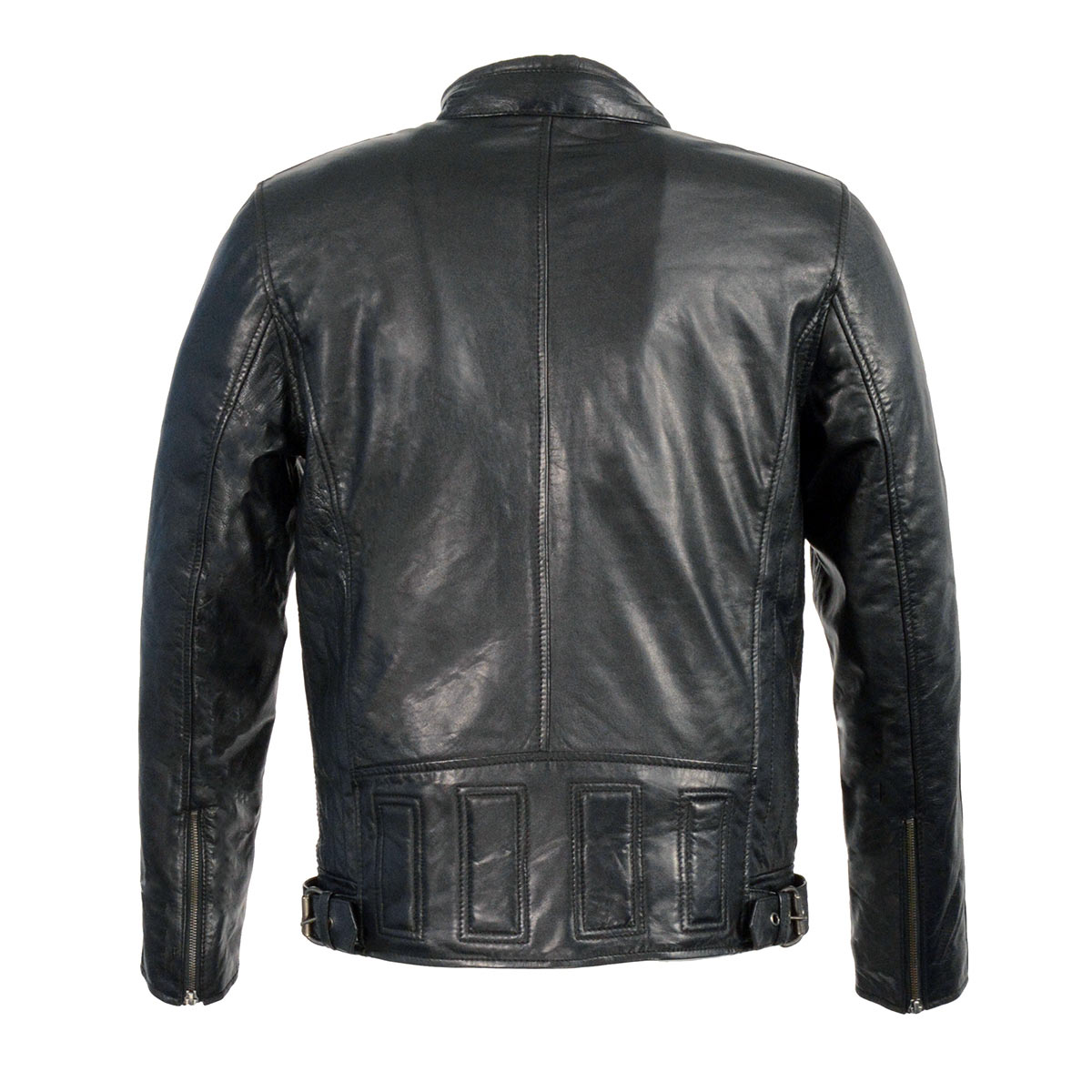 Men's Black Cafe Racer Leather Jacket with Snap Button Collar SFM1835