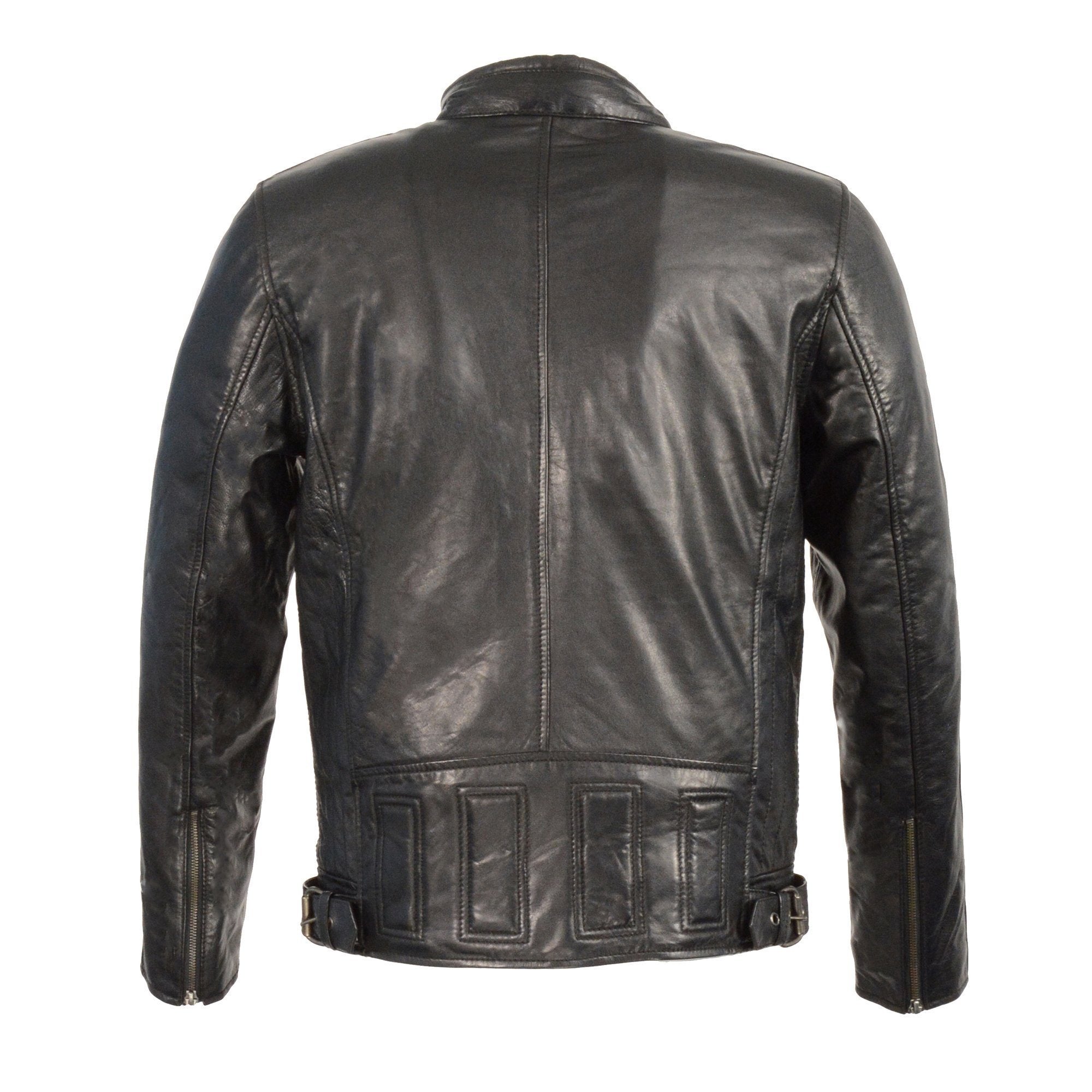 Men's Black Cafe Racer Leather Jacket with Snap Button Collar SFM1835