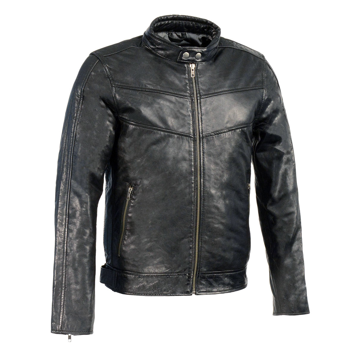Men's Black Cafe Racer Leather Jacket with Snap Button Collar SFM1835