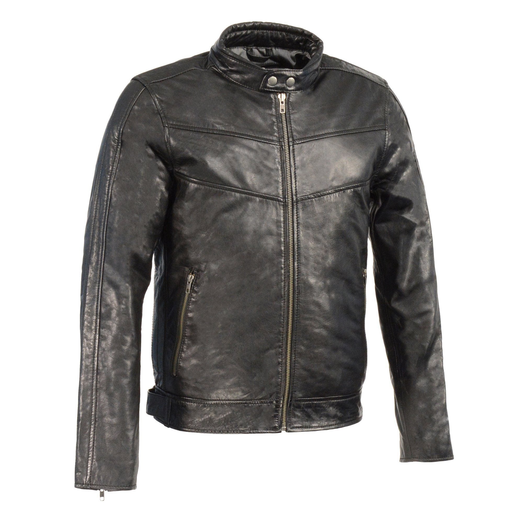 Men's Black Cafe Racer Leather Jacket with Snap Button Collar SFM1835