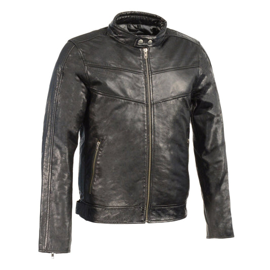 Men's Black Cafe Racer Leather Jacket with Snap Button Collar SFM1835