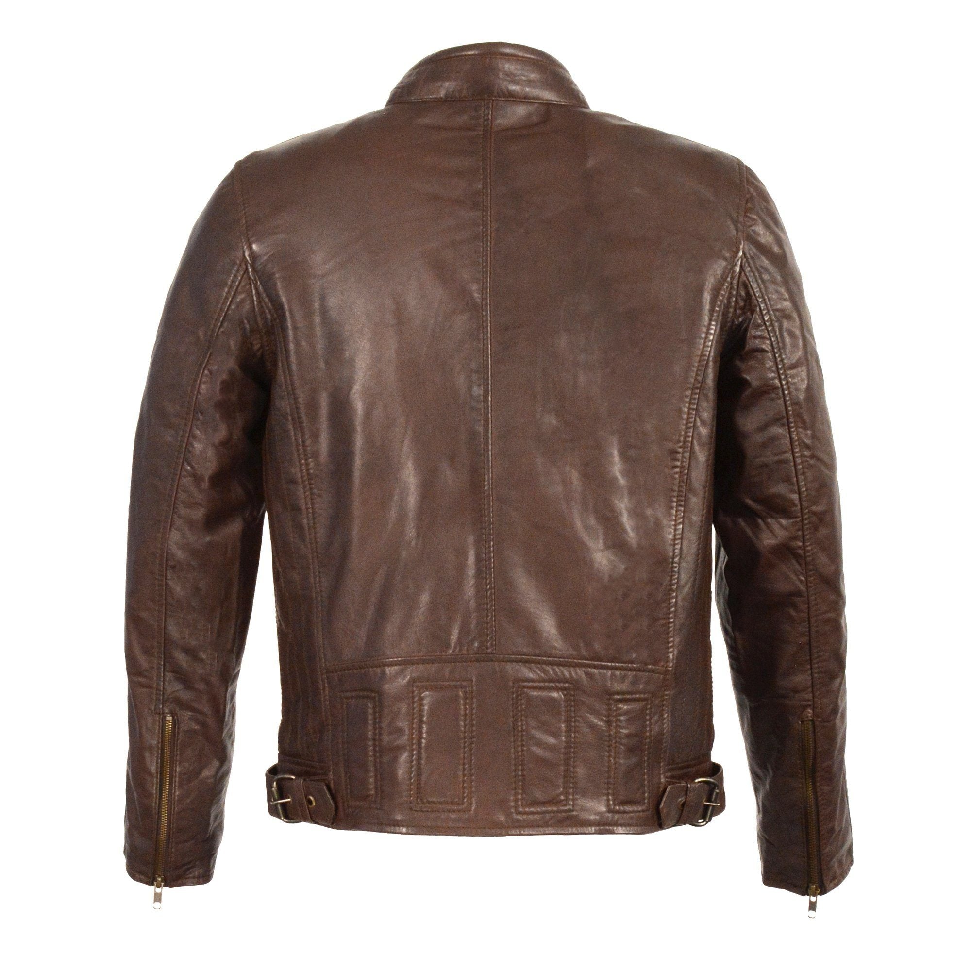 SFM1835 Men's Brown ‘Cafe Racer’ Leather Jacket with Snap Button Collar