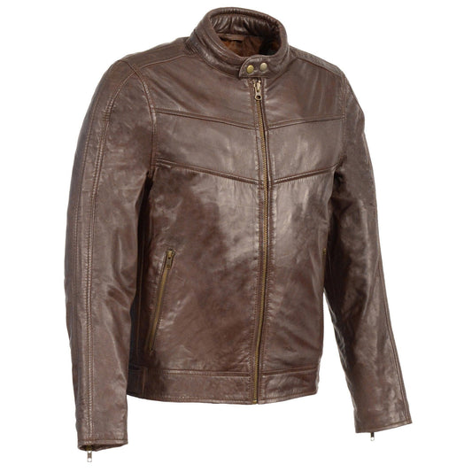 SFM1835 Men's Brown ‘Cafe Racer’ Leather Jacket with Snap Button Collar