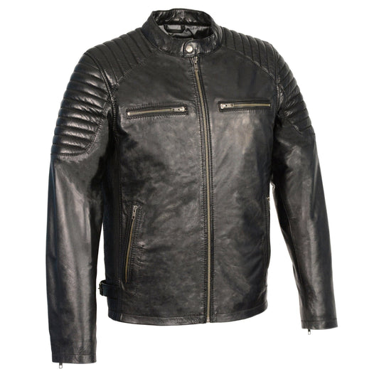 SFM1840 Men's 'Quilted' Black Leather Fashion Jacket with Snap Button Collar