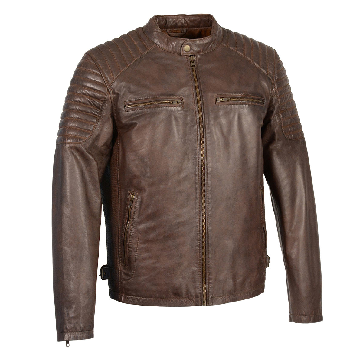 SFM1840 Men's 'Quilted' Brown Leather Fashion Jacket with Snap Button Collar