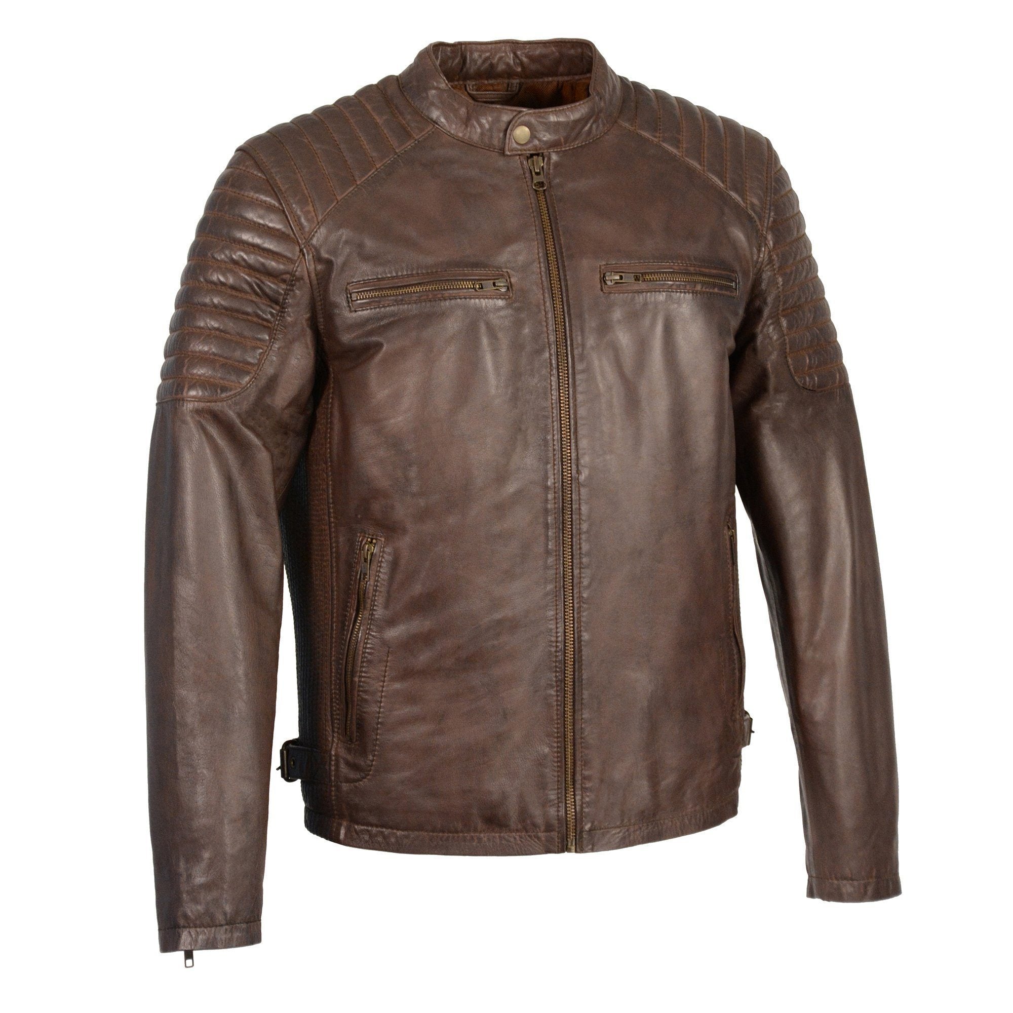 SFM1840 Men's 'Quilted' Brown Leather Fashion Jacket with Snap Button Collar