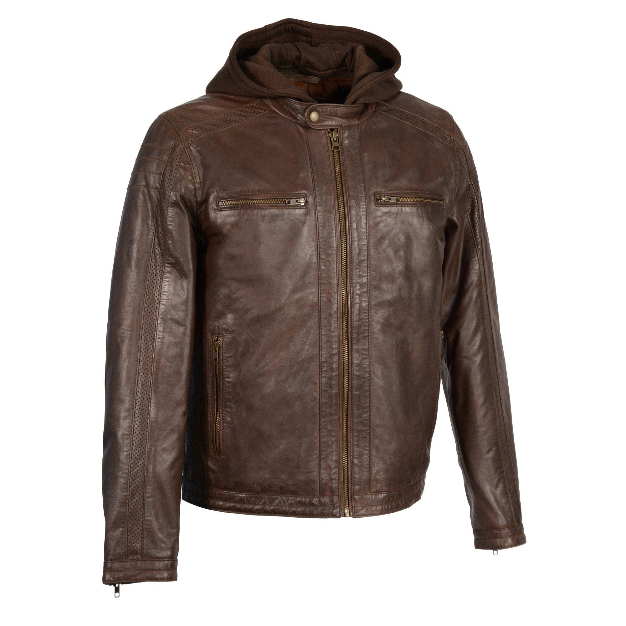 SFM1845 Men's Brown Fashion Casual Leather Jacket with Removable Hoodie