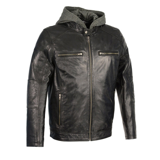 SFM1850 Men's Black Snap Collar Motorcycle Style Fashion Casual Leather Jacket with Removable Hoodie