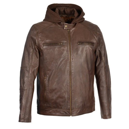 SFM1850 Men's Broken Brown Snap Collar Motorcycle Style Fashion Casual Leather Jacket with Removable Hoodie