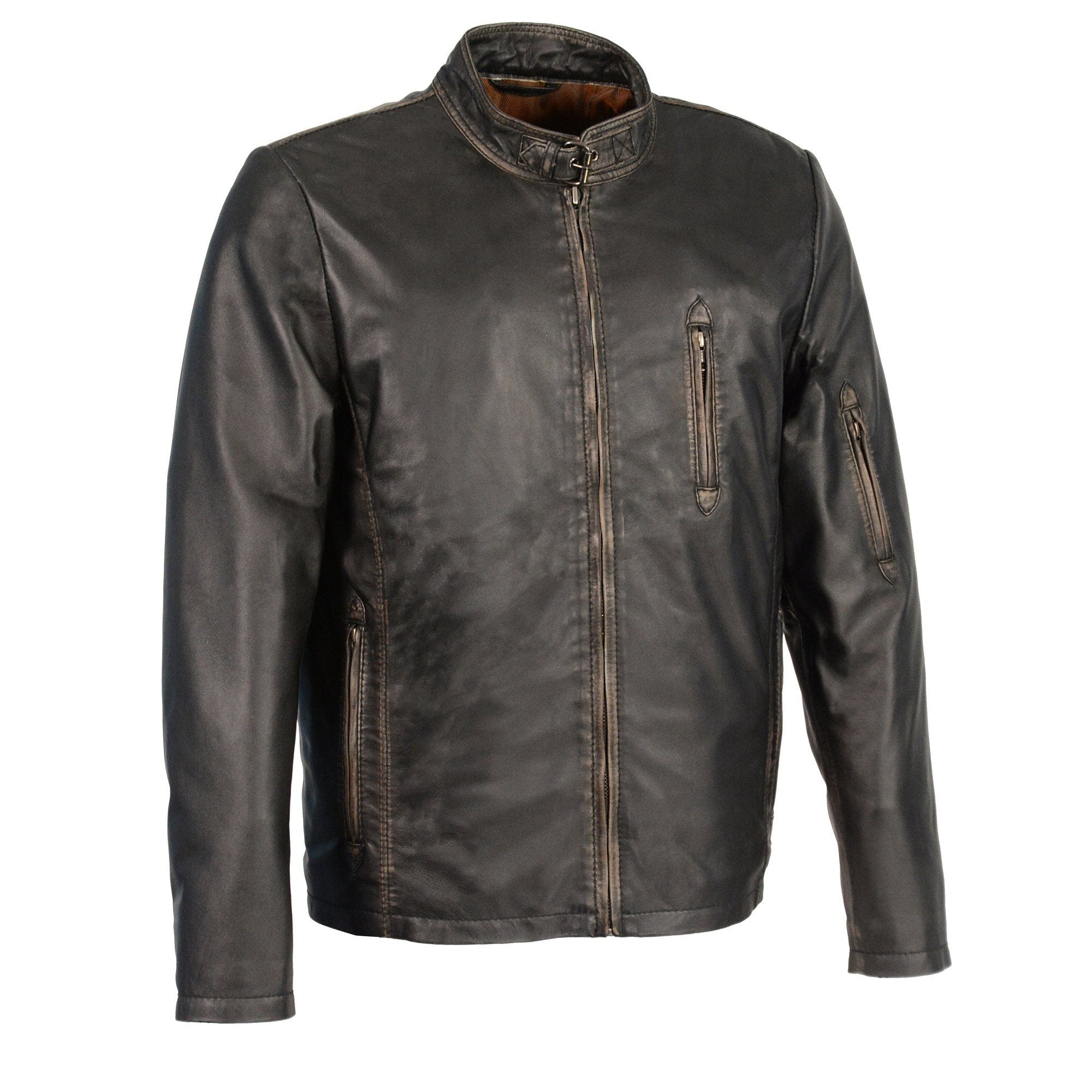 SFM1855 Men's Black Brown Leather Moto Racer Jacket with Throat Latch