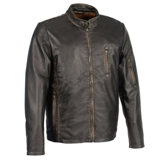SFM1855 Men's Black Brown Leather Moto Racer Jacket with Throat Latch