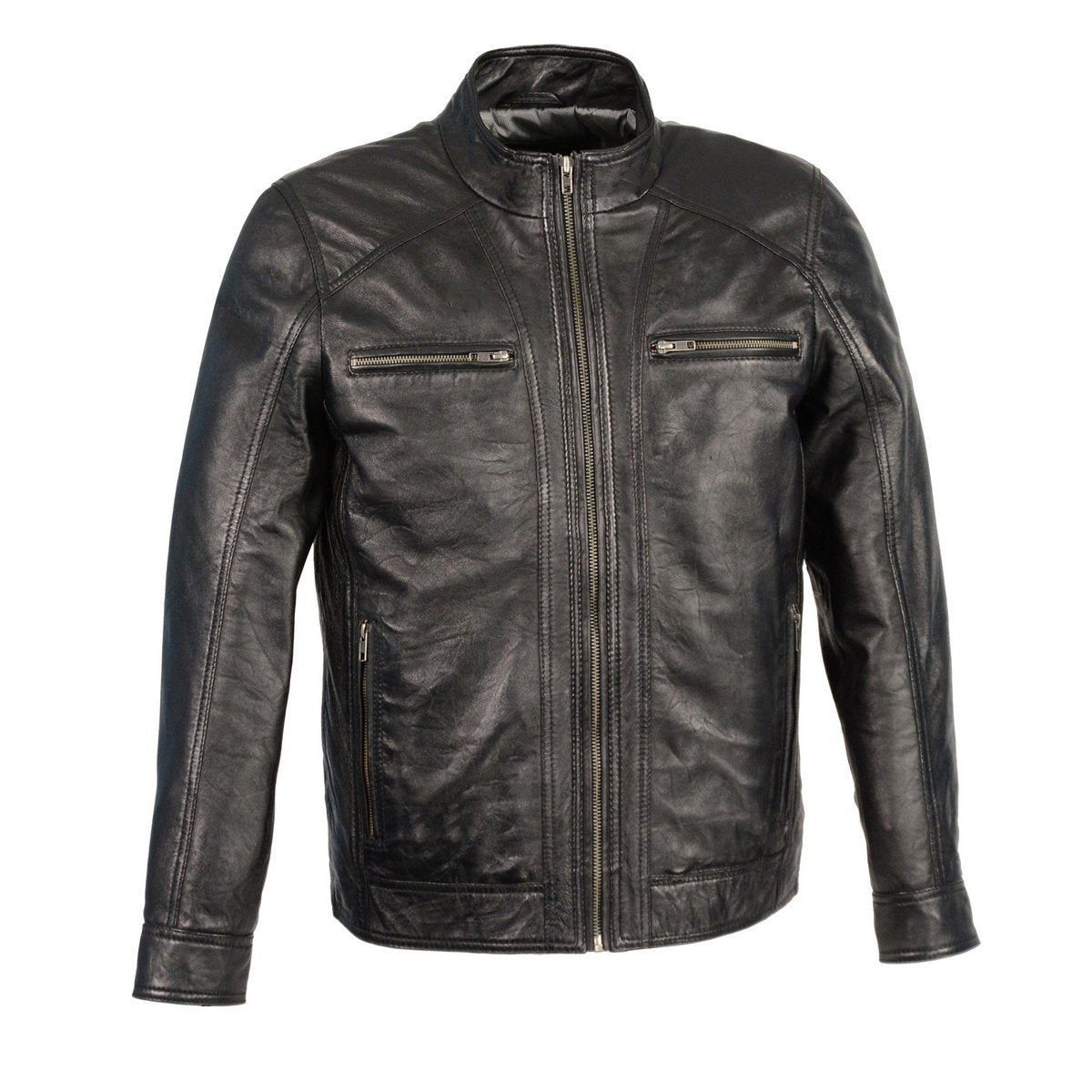 Men's Black Motorcycle Fashion Leather Jacket with Front Zipper Closure SFM1860