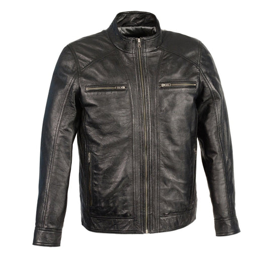 Men's Black Motorcycle Fashion Leather Jacket with Front Zipper Closure SFM1860