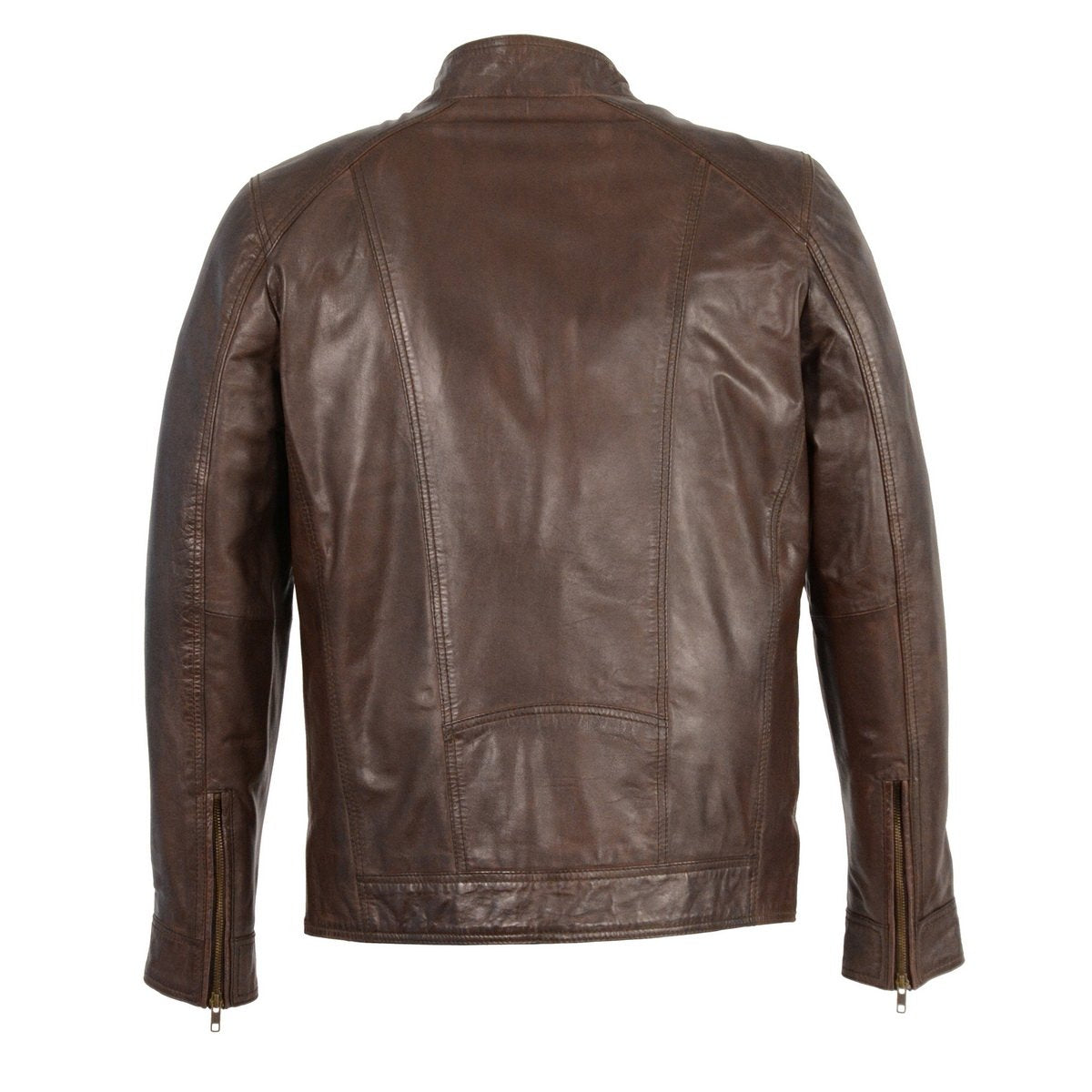 Men's Broken Brown Leather Jacket with Front Zipper Closure SFM1860