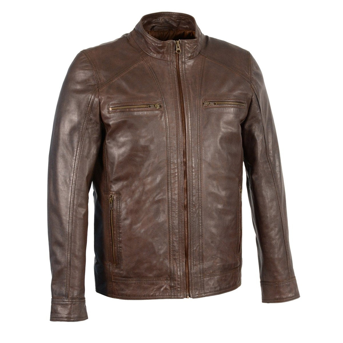 Men's Broken Brown Leather Jacket with Front Zipper Closure SFM1860