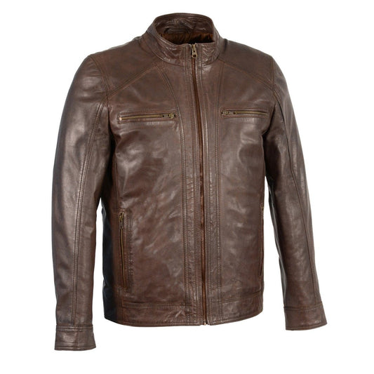 Men's Broken Brown Leather Jacket with Front Zipper Closure SFM1860