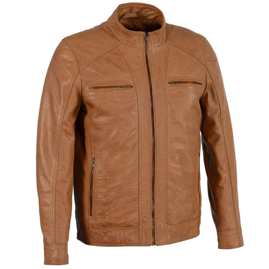 Men's Saddle Color Lambskin Motorcycle Fashion Leather Jacket SFM1860