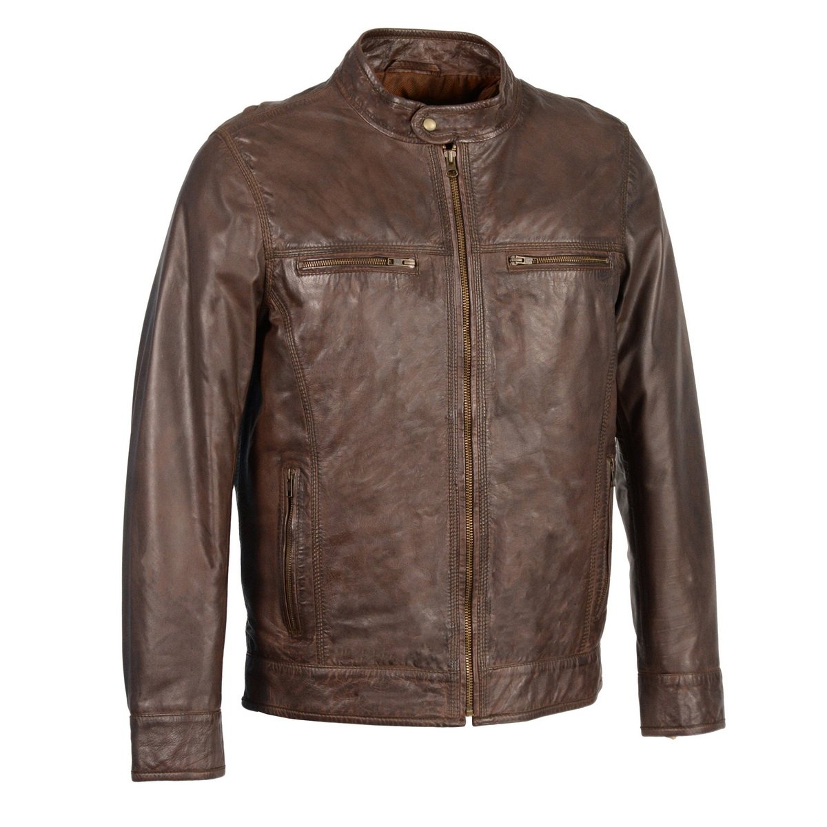 SFM1865 Men's Broken Brown Leather Jacket with Front Zipper Closure