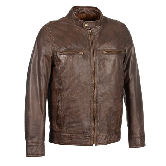 SFM1865 Men's Broken Brown Leather Jacket with Front Zipper Closure