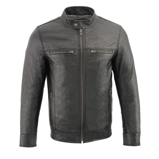 SFM1866 Men's Classic Black Premium Leather Motorcycle Style Jacket with Zipper Front
