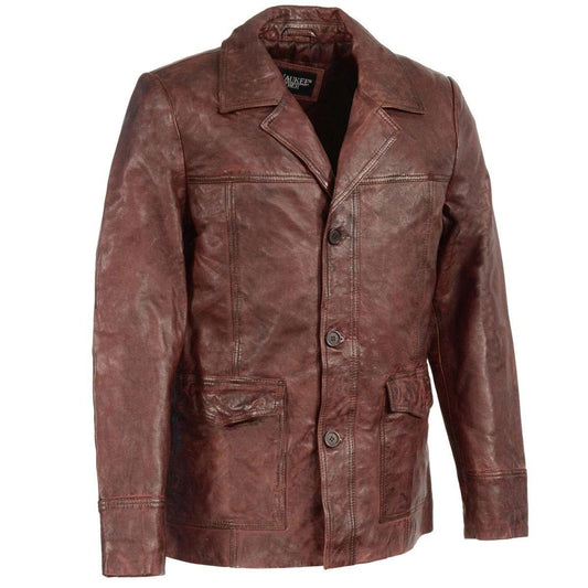 SFM1870 Men's Classic Red Leather Button Closure Car Coat Blazer Jacket