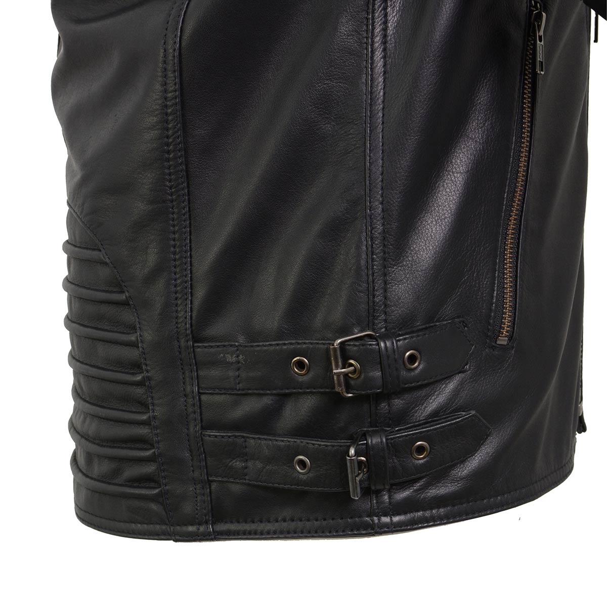 SFM1885 Men's Black Leather Fashion Jacket with Piping Design